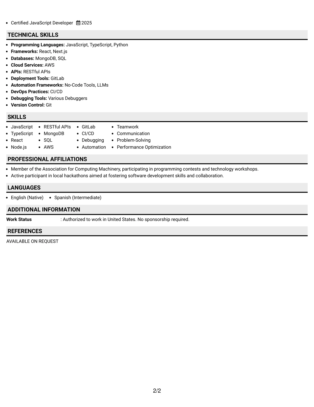 Resume Example Page 2