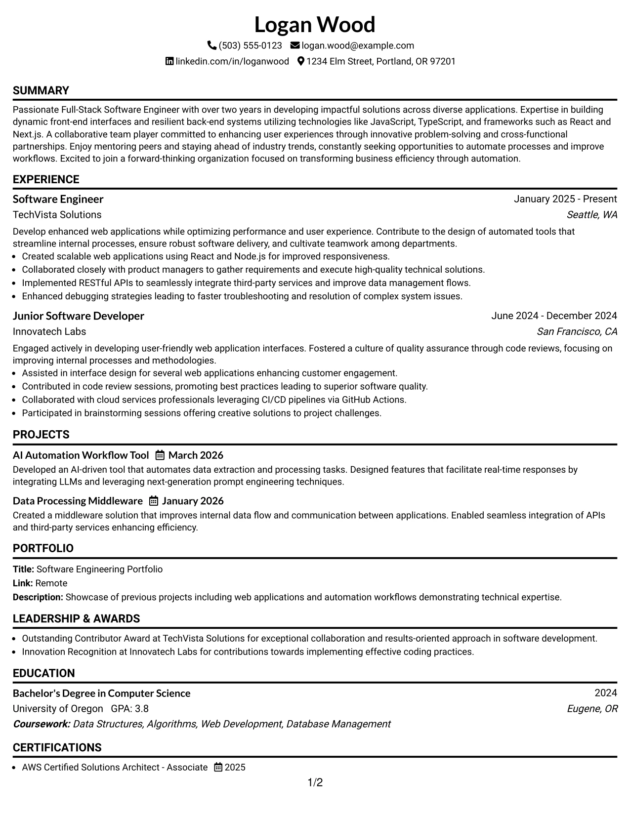 Resume Example Page 1