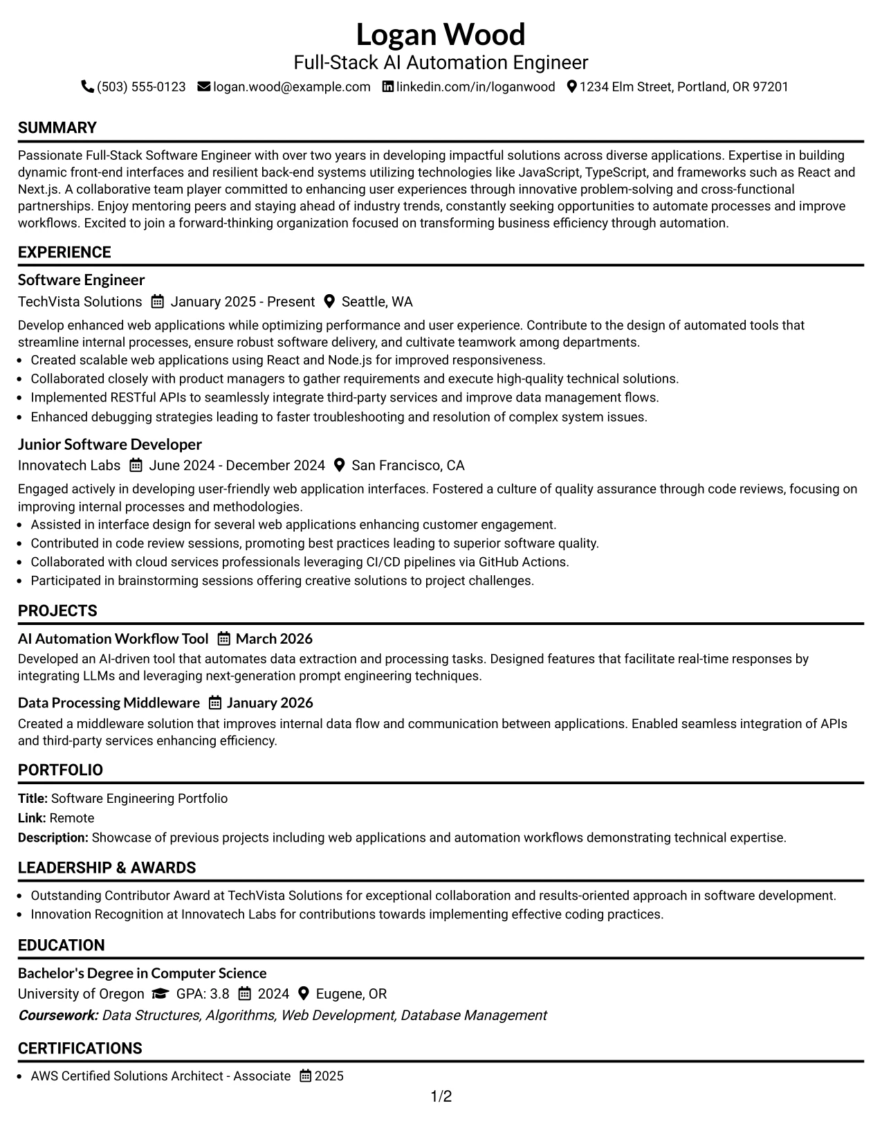 Resume Example Page 1