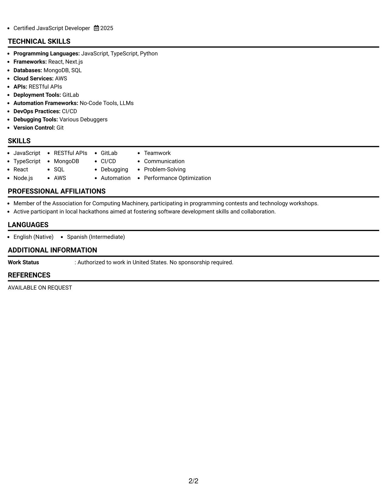 Resume Example Page 2