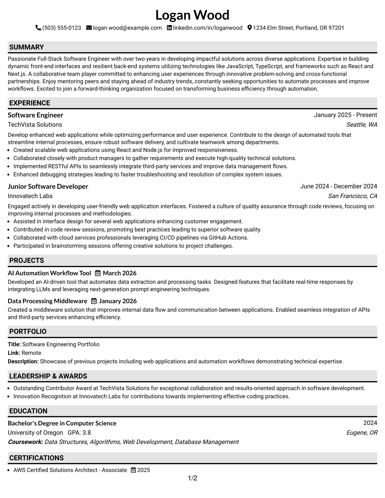 Resume Example Page 1