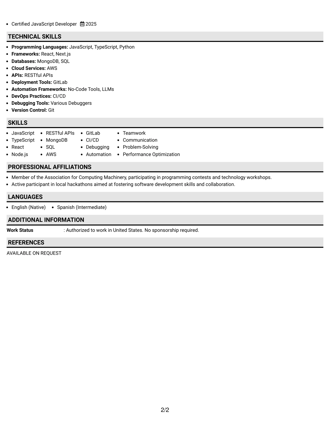 Resume Example Page 2