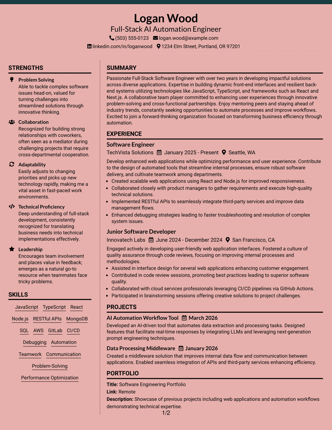 Resume Example Page 1