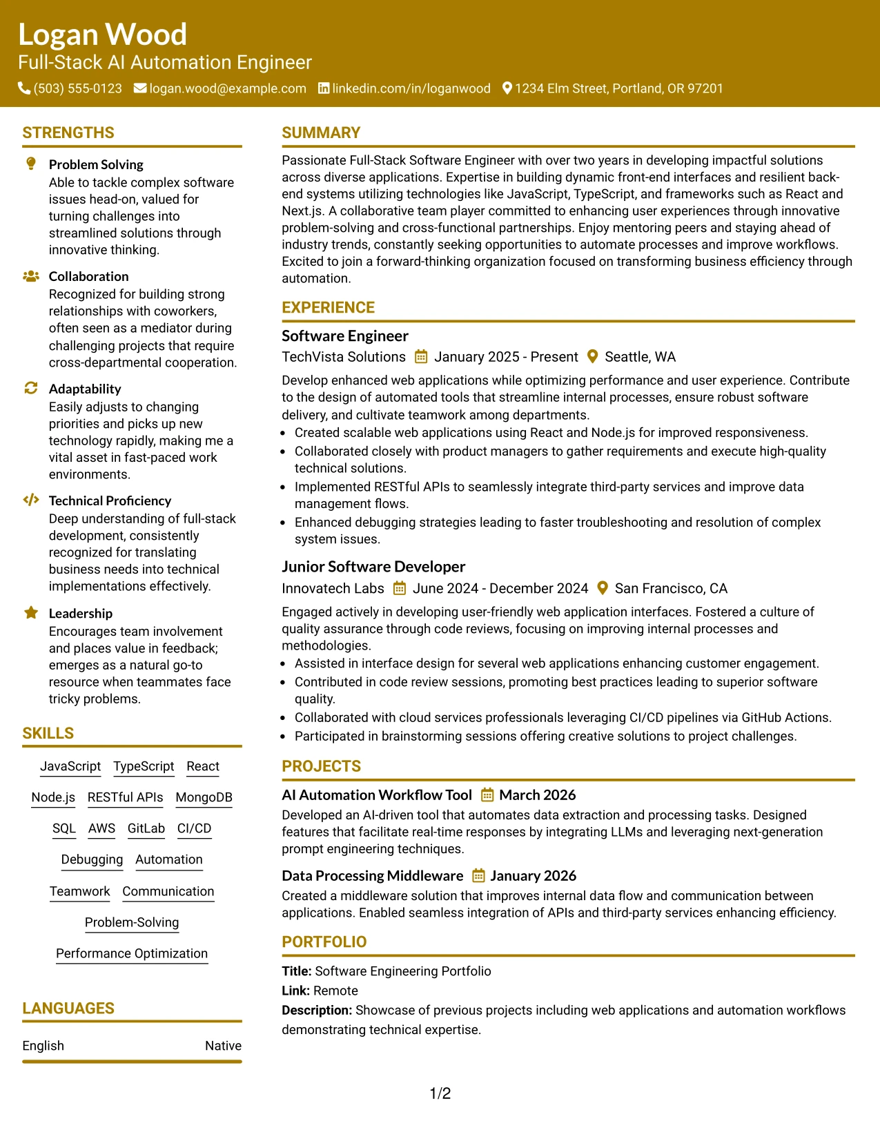 Resume Example Page 1