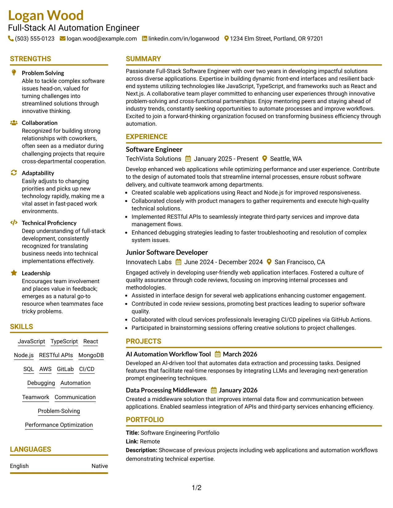 Resume Example Page 1