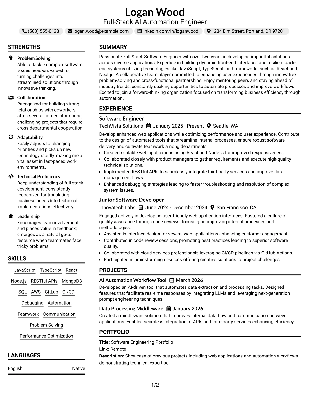 Resume Example Page 1