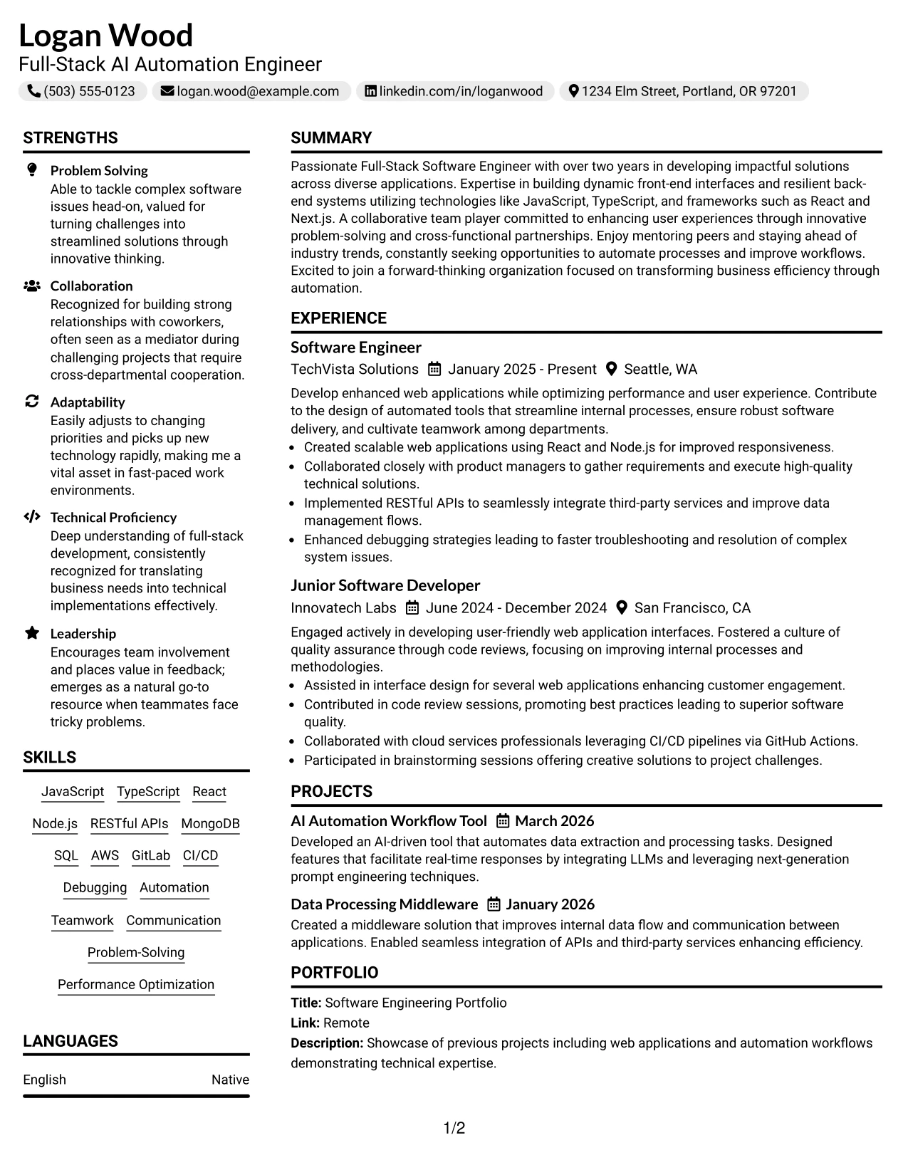 Resume Example Page 1