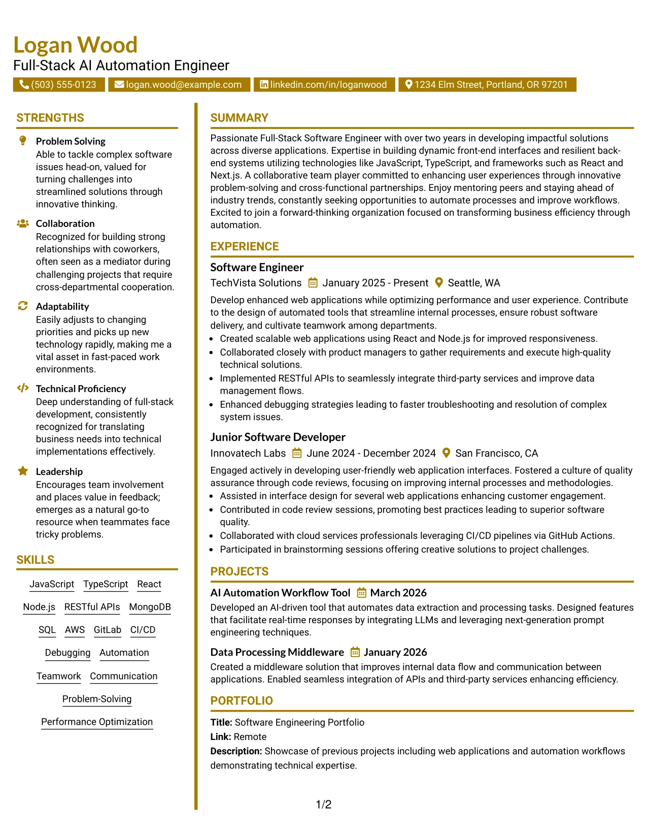 Resume Example Page 1