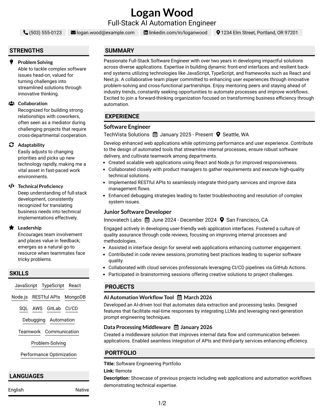 Resume Example Page 1