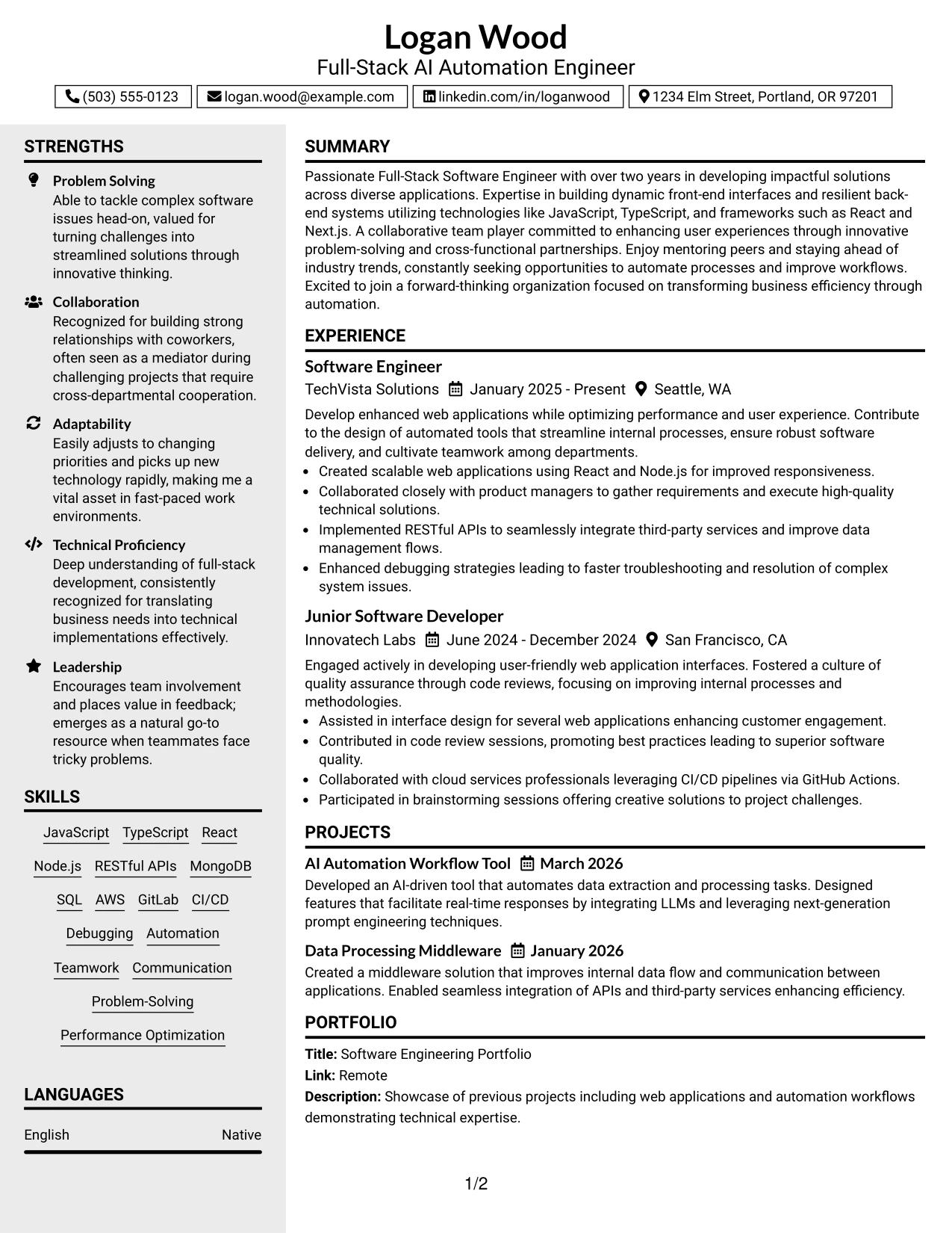 Resume Example Page 1