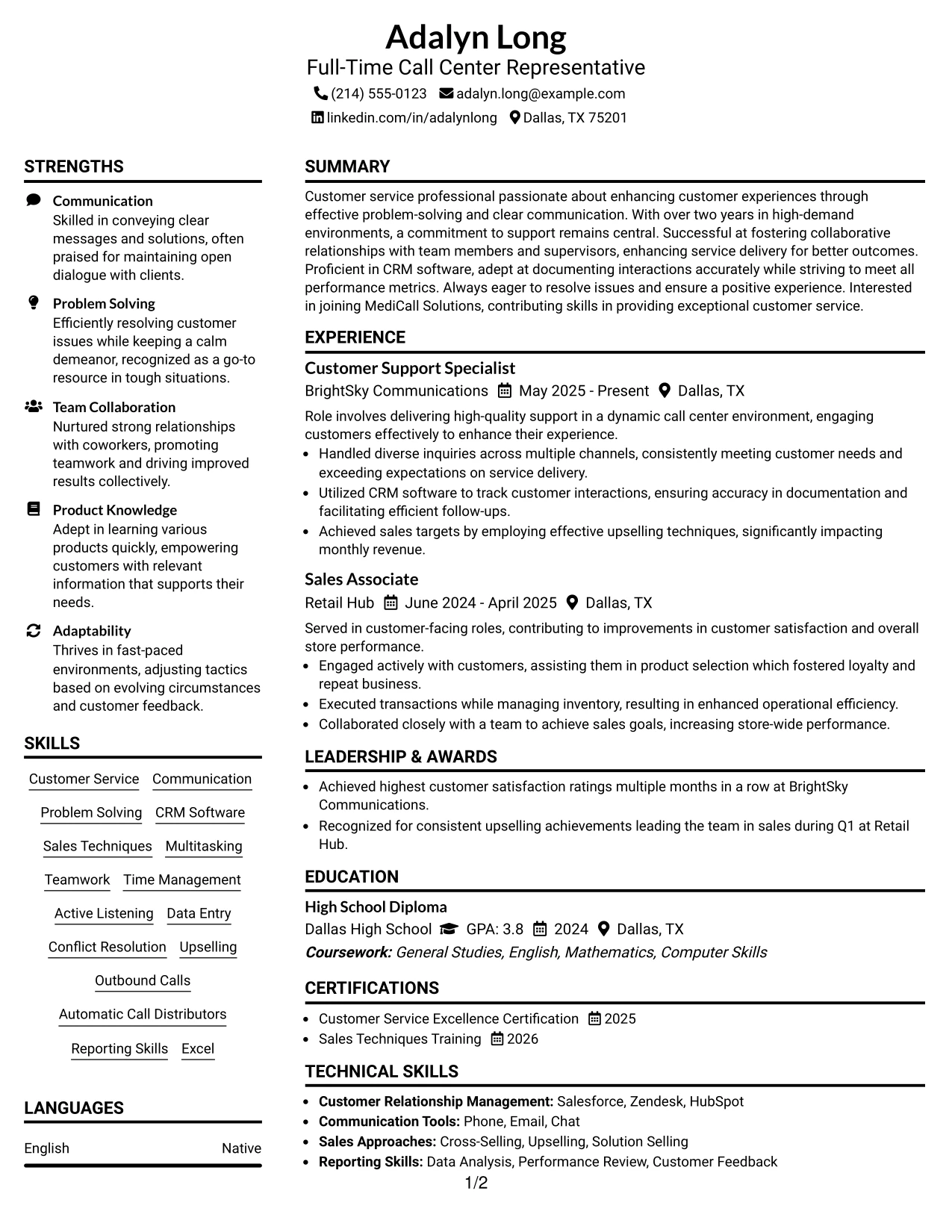Resume Example Page 1