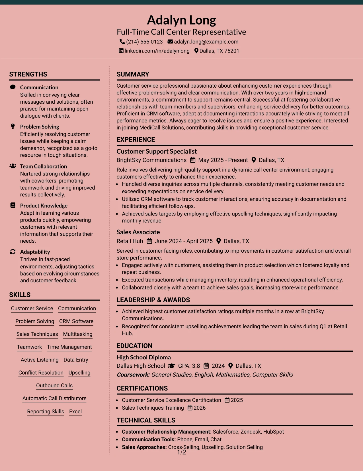 Resume Example Page 1