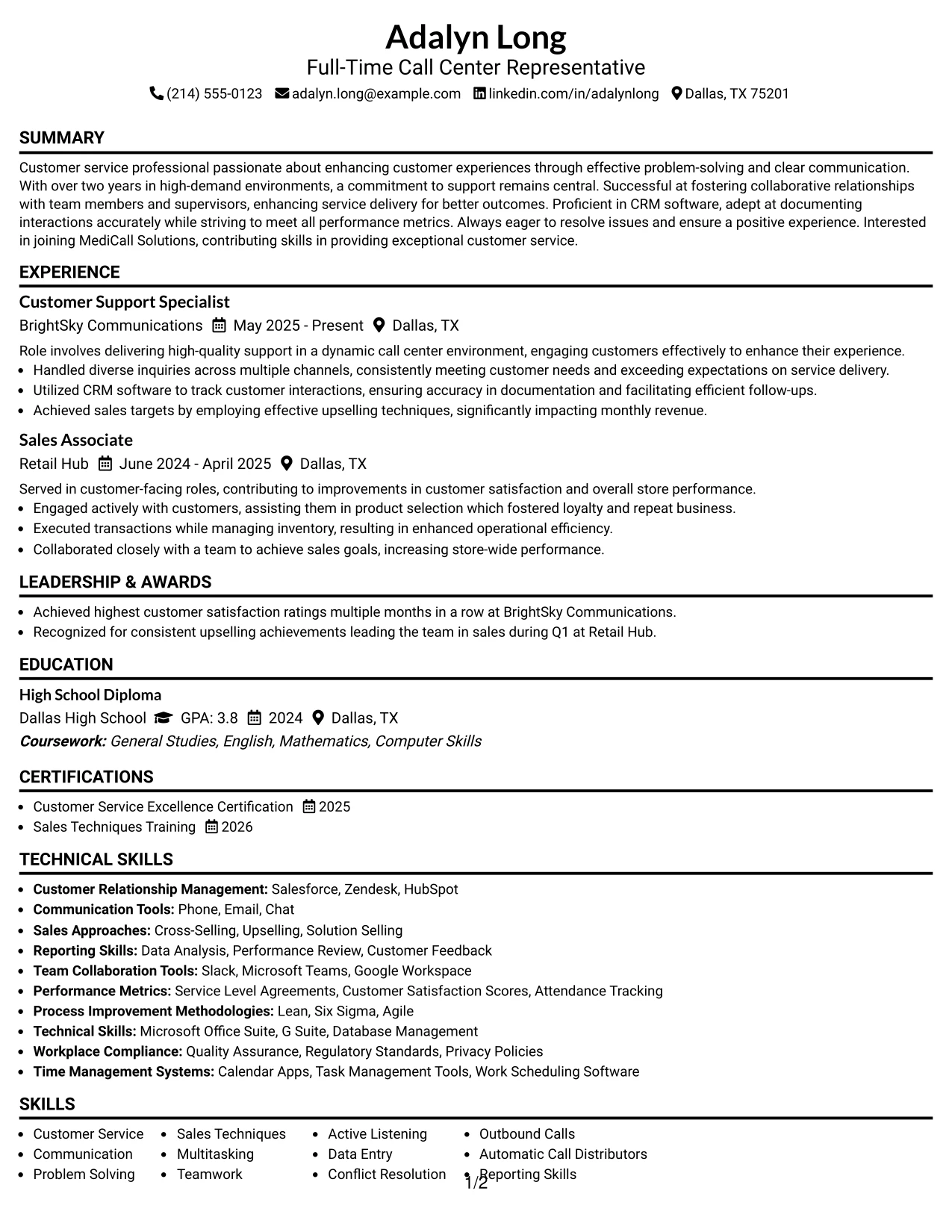 Resume Example Page 1