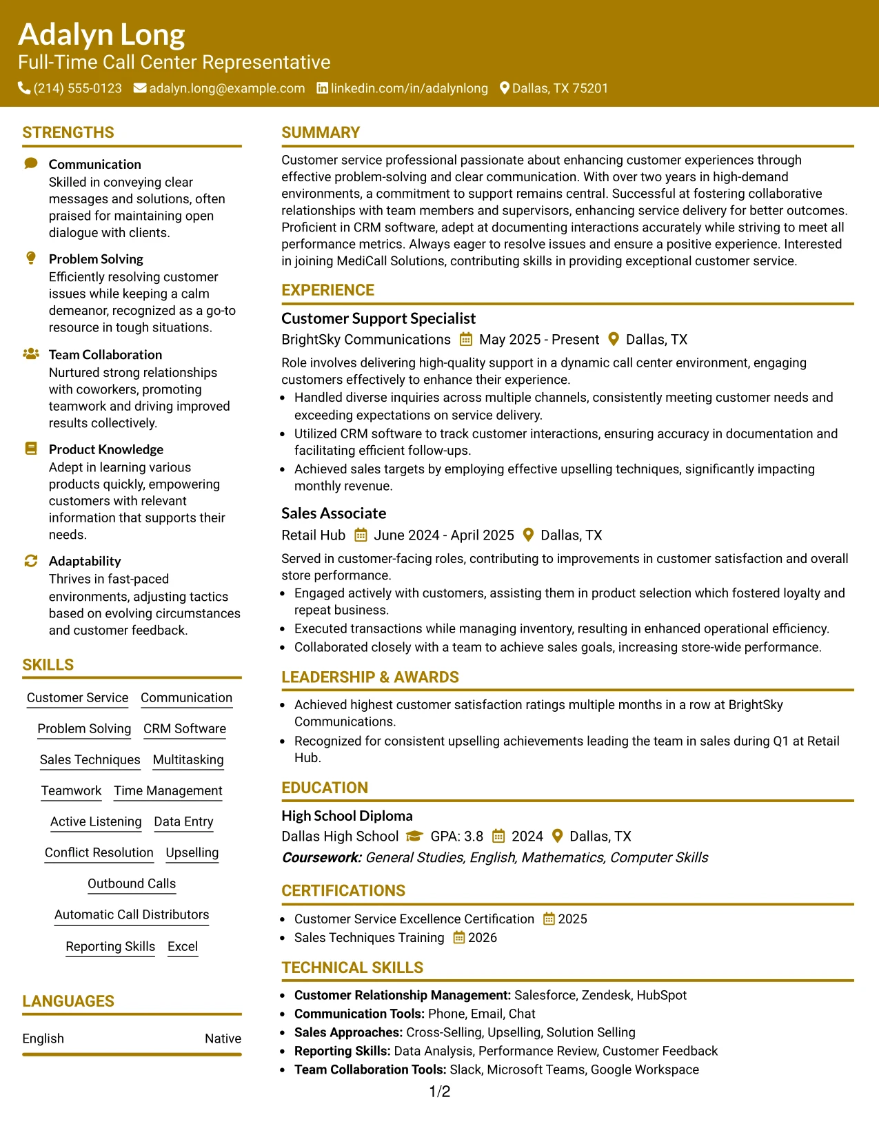 Resume Example Page 1