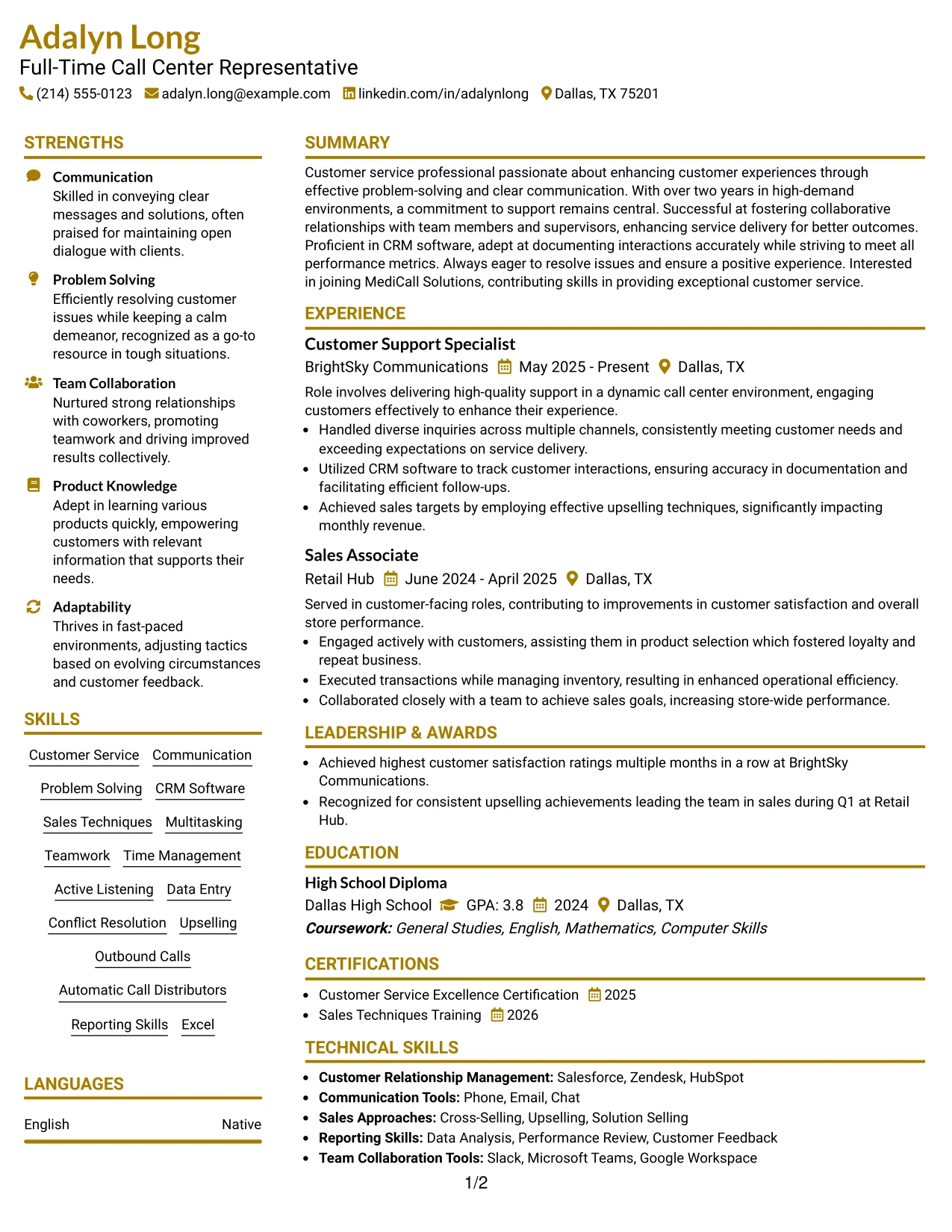 Resume Example Page 1