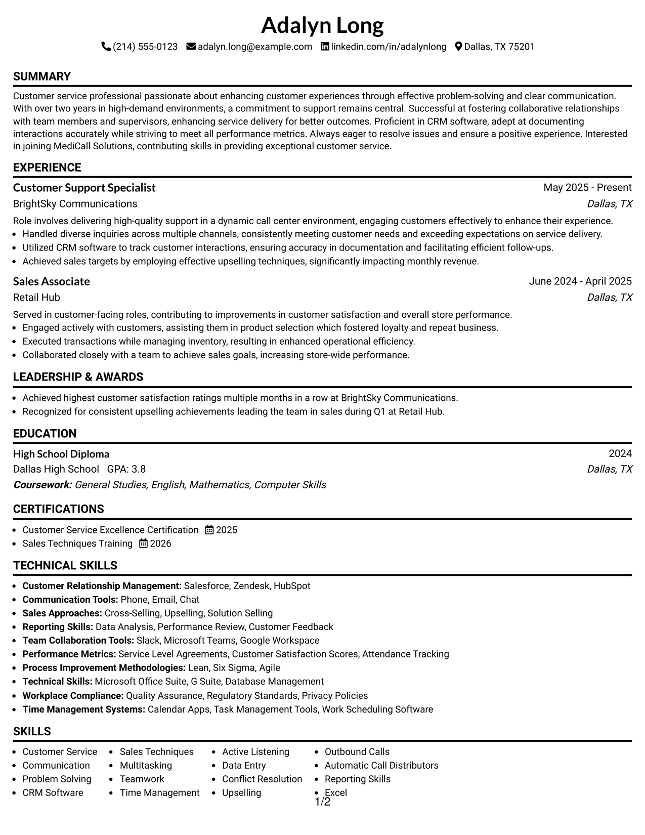 Resume Example Page 1
