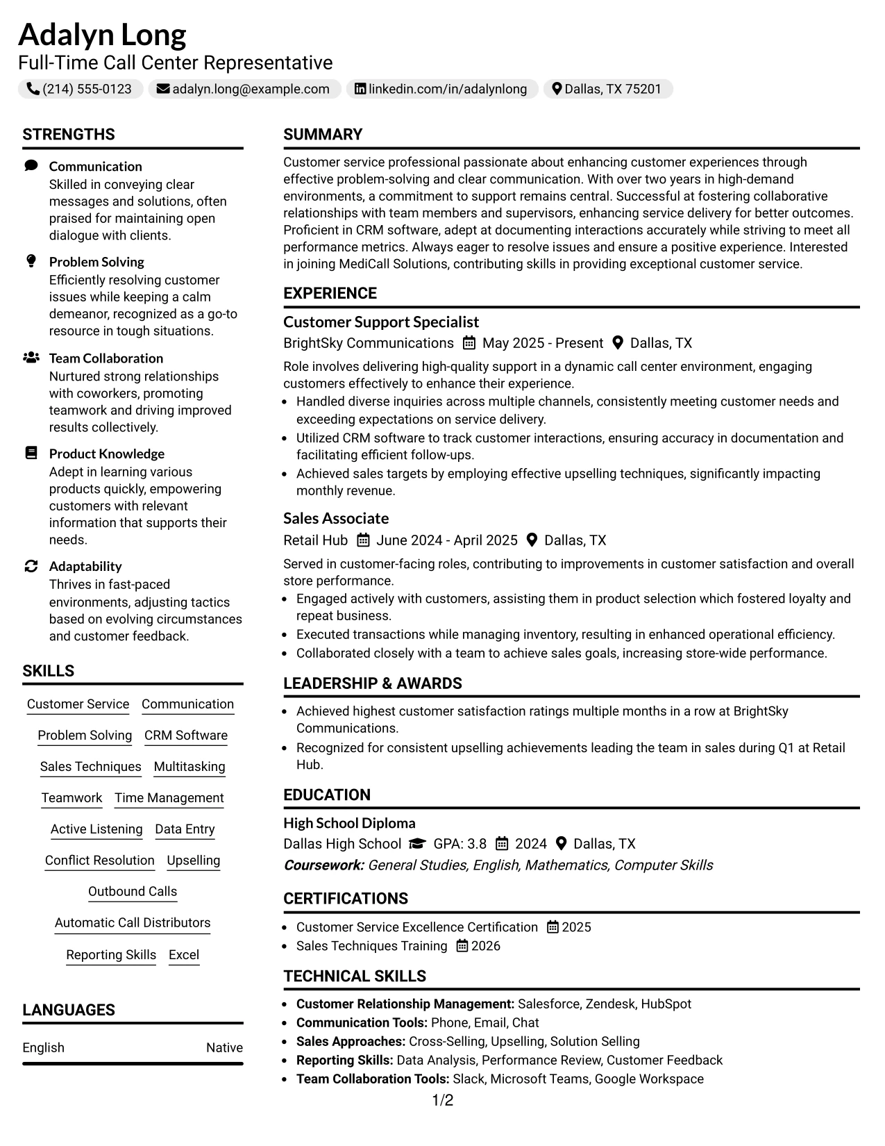 Resume Example Page 1