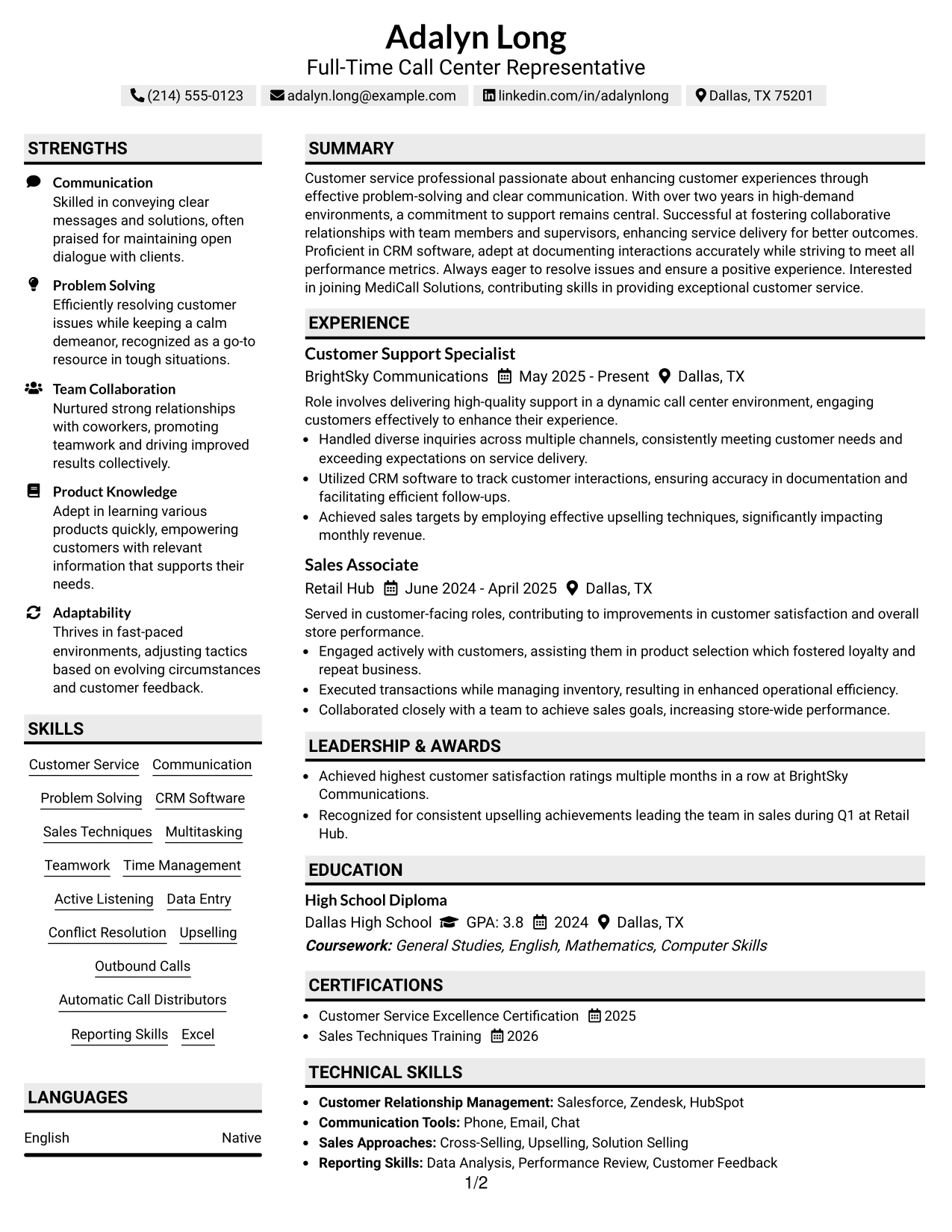 Resume Example Page 1