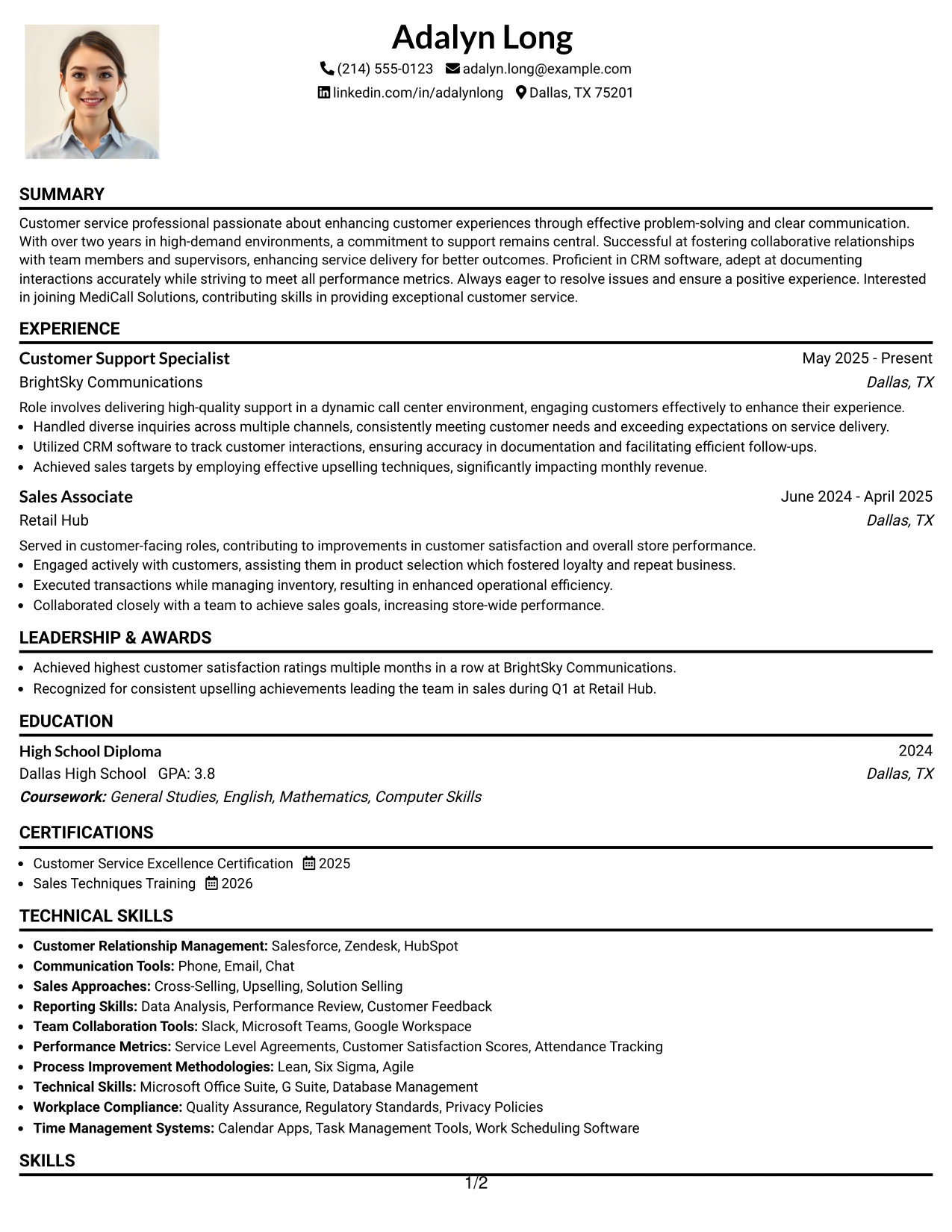 Resume Example Page 1