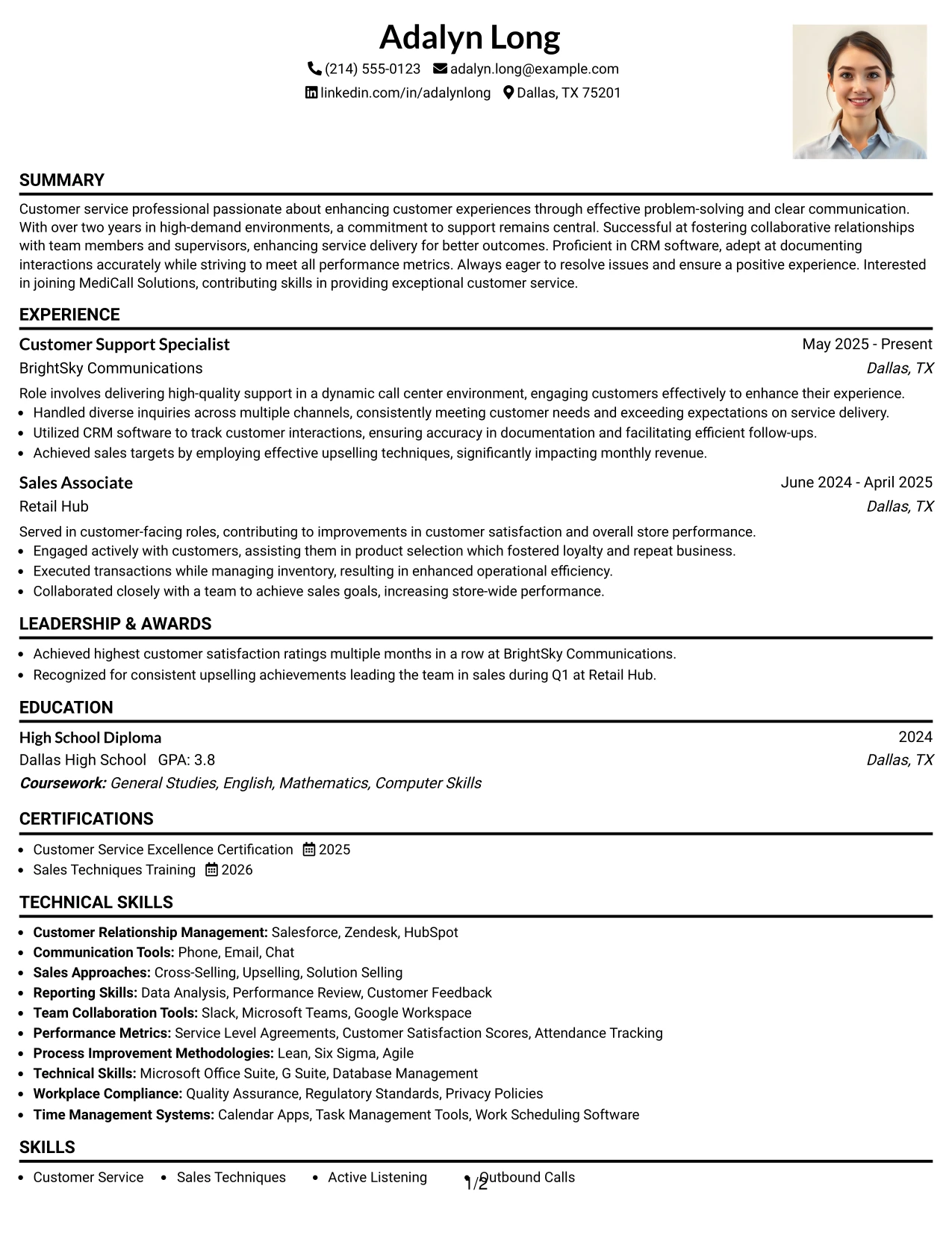 Resume Example Page 1