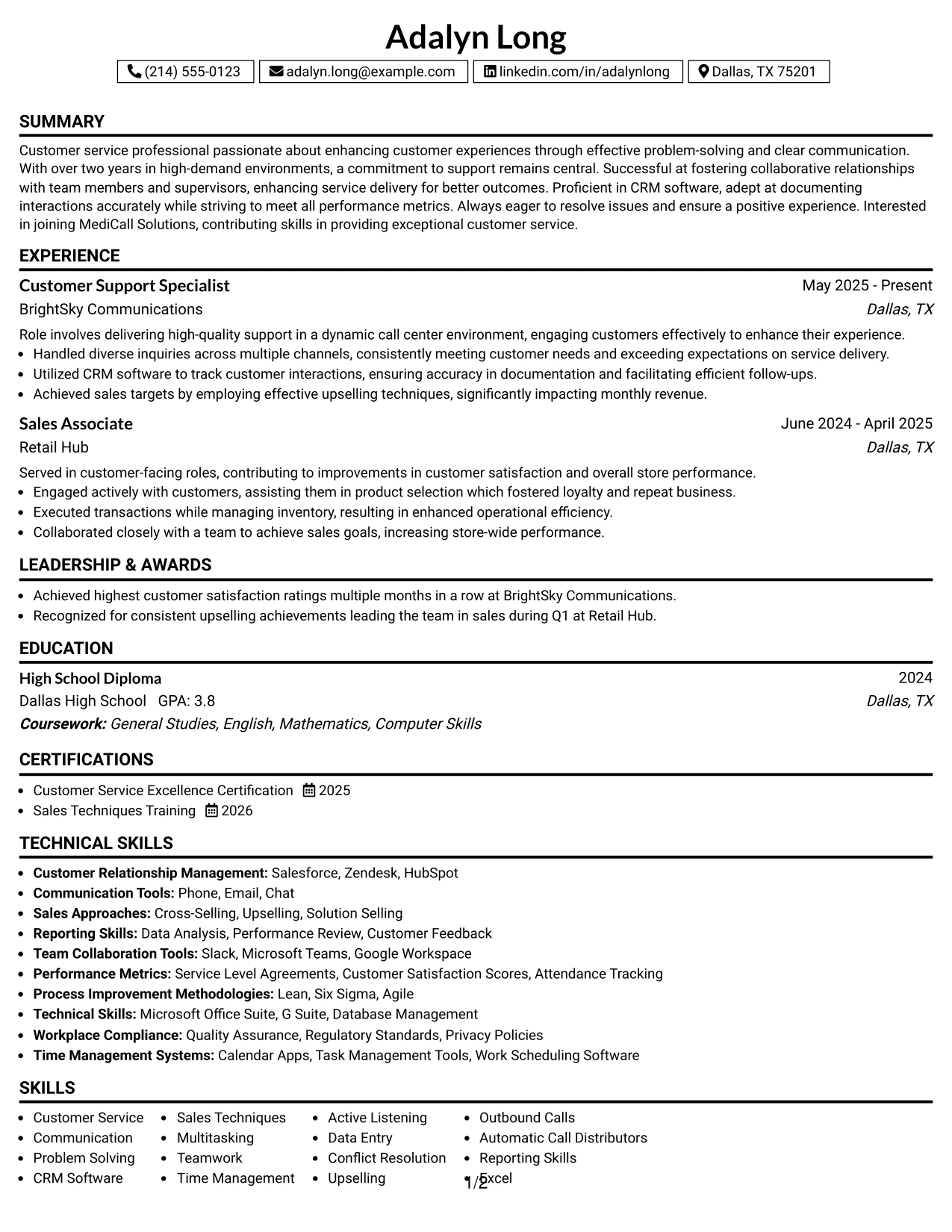 Resume Example Page 1