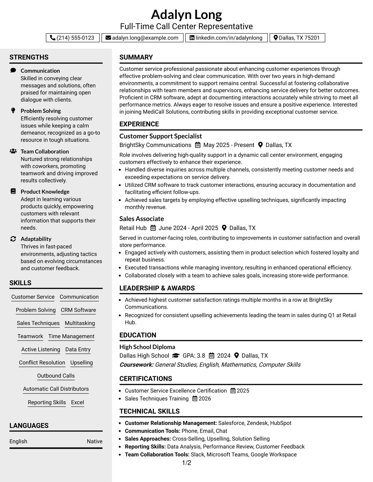 Resume Example Page 1