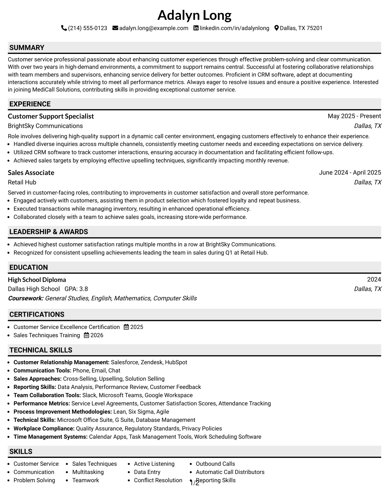 Resume Example Page 1