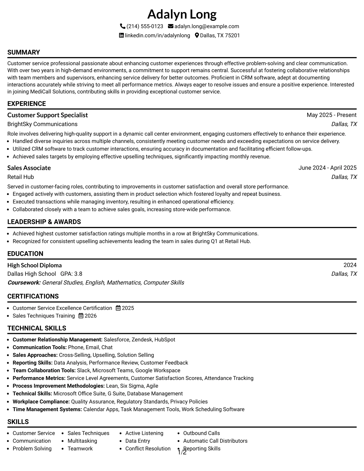Resume Example Page 1
