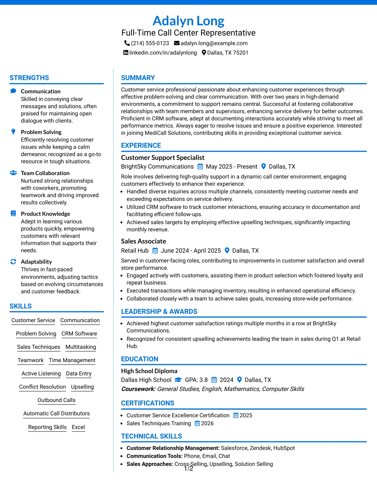 Resume Example Page 1