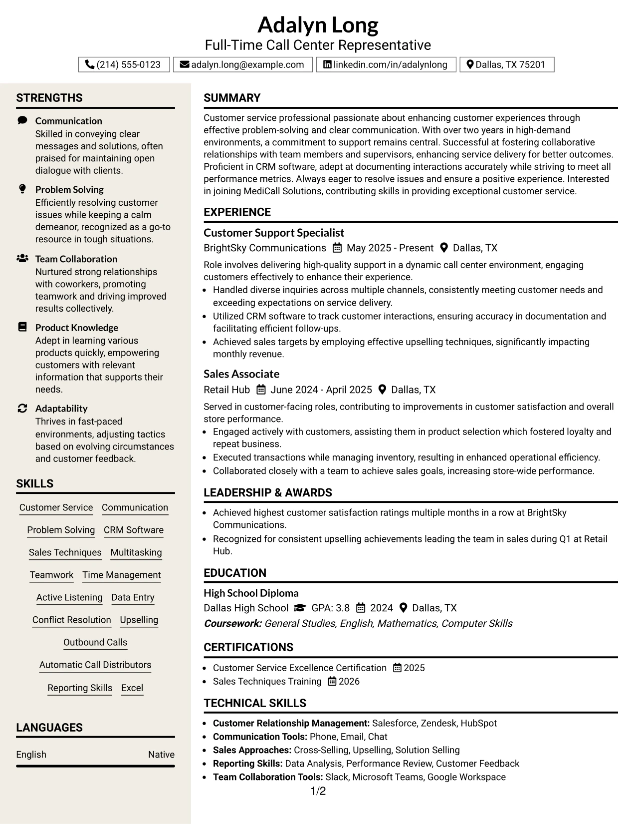 Resume Example Page 1
