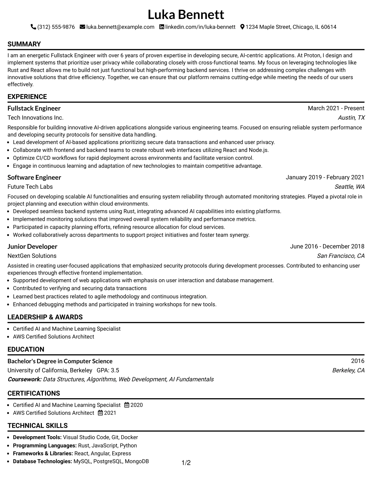 Resume Example Page 1