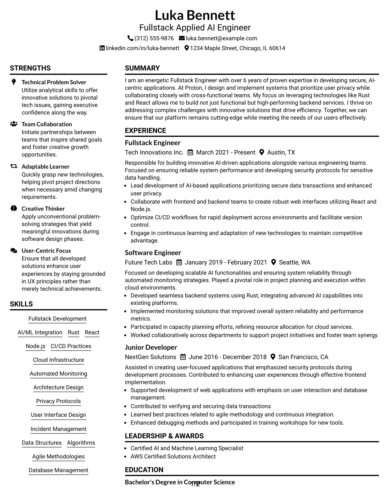 Resume Example Page 1