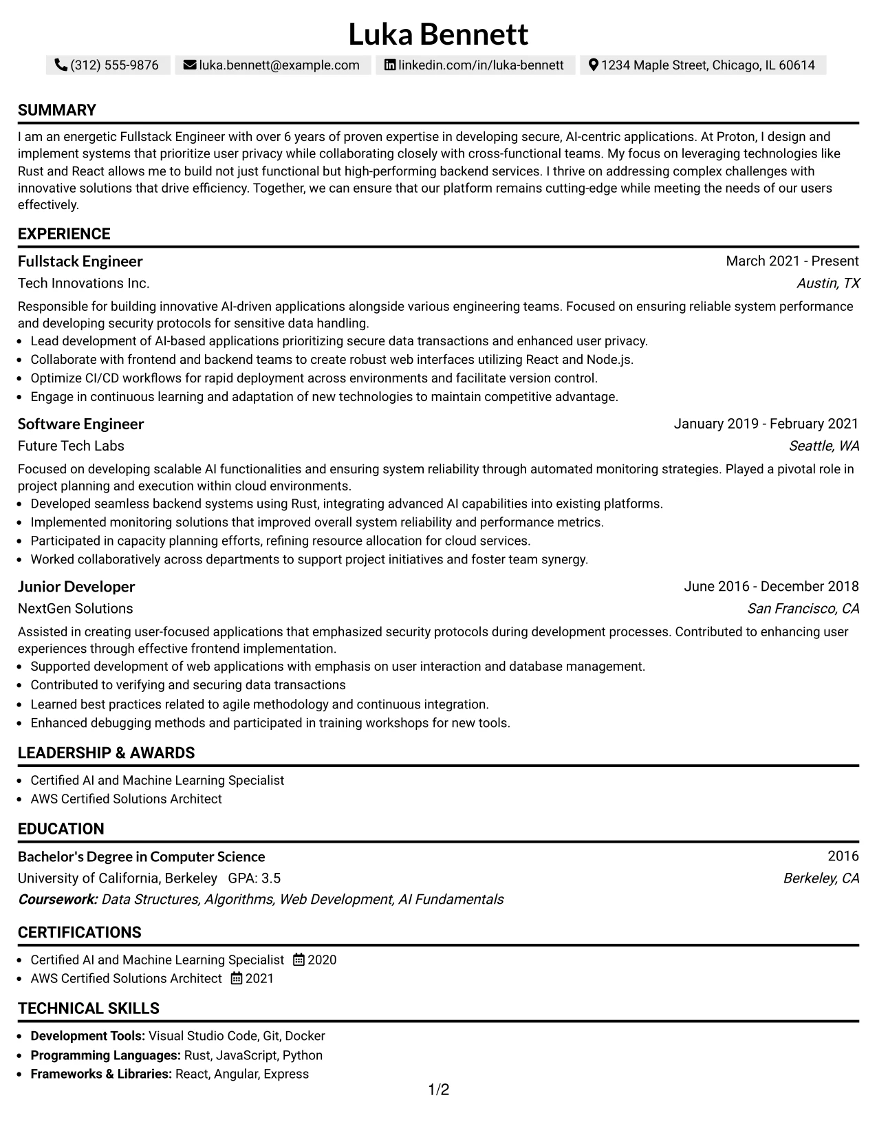 Resume Example Page 1