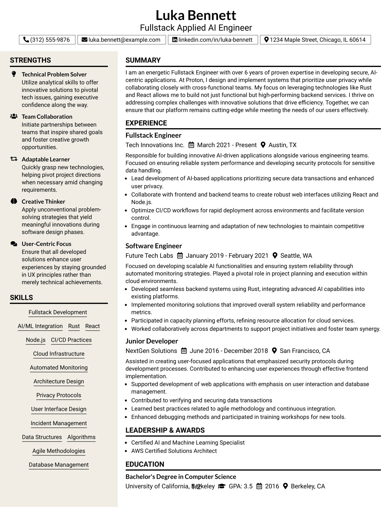 Resume Example Page 1