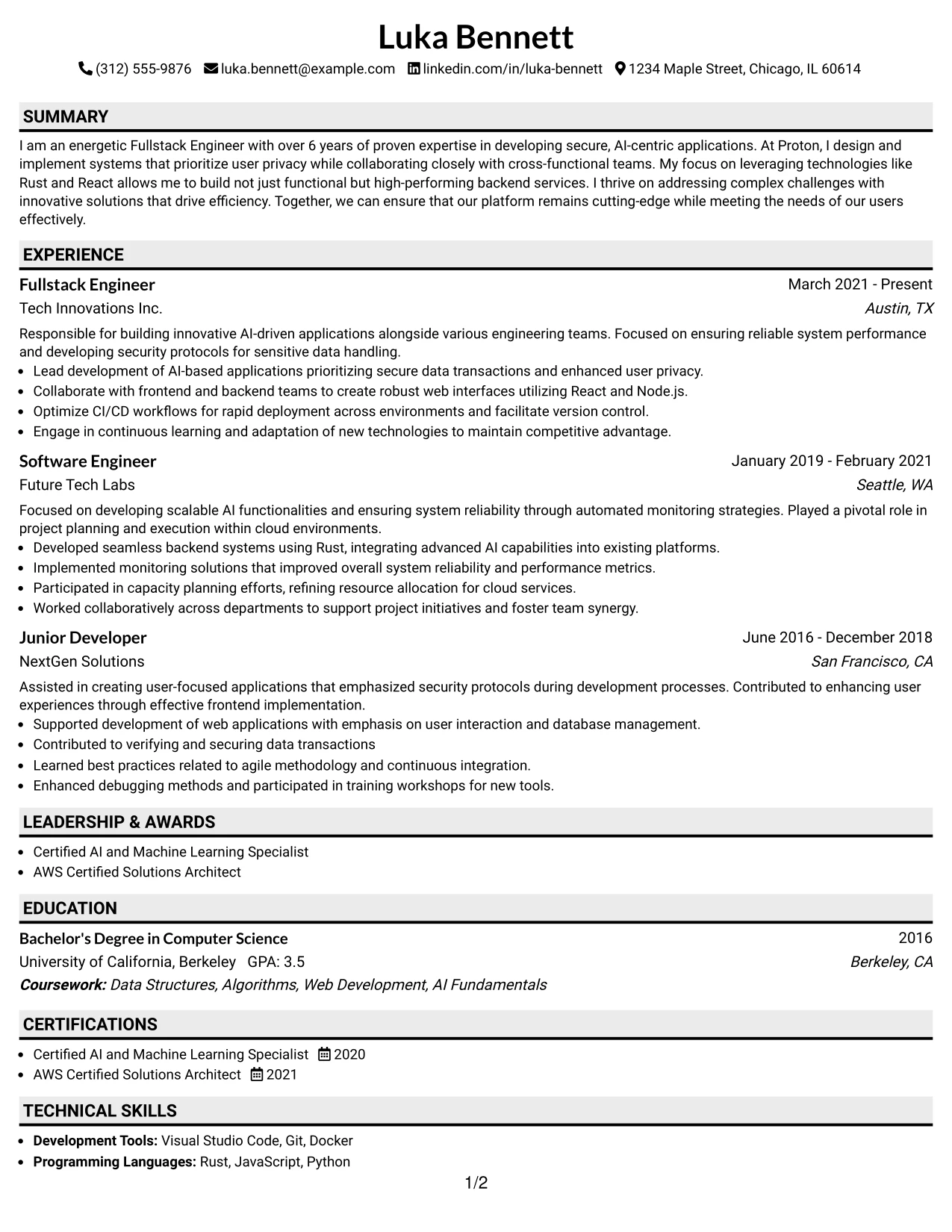 Resume Example Page 1