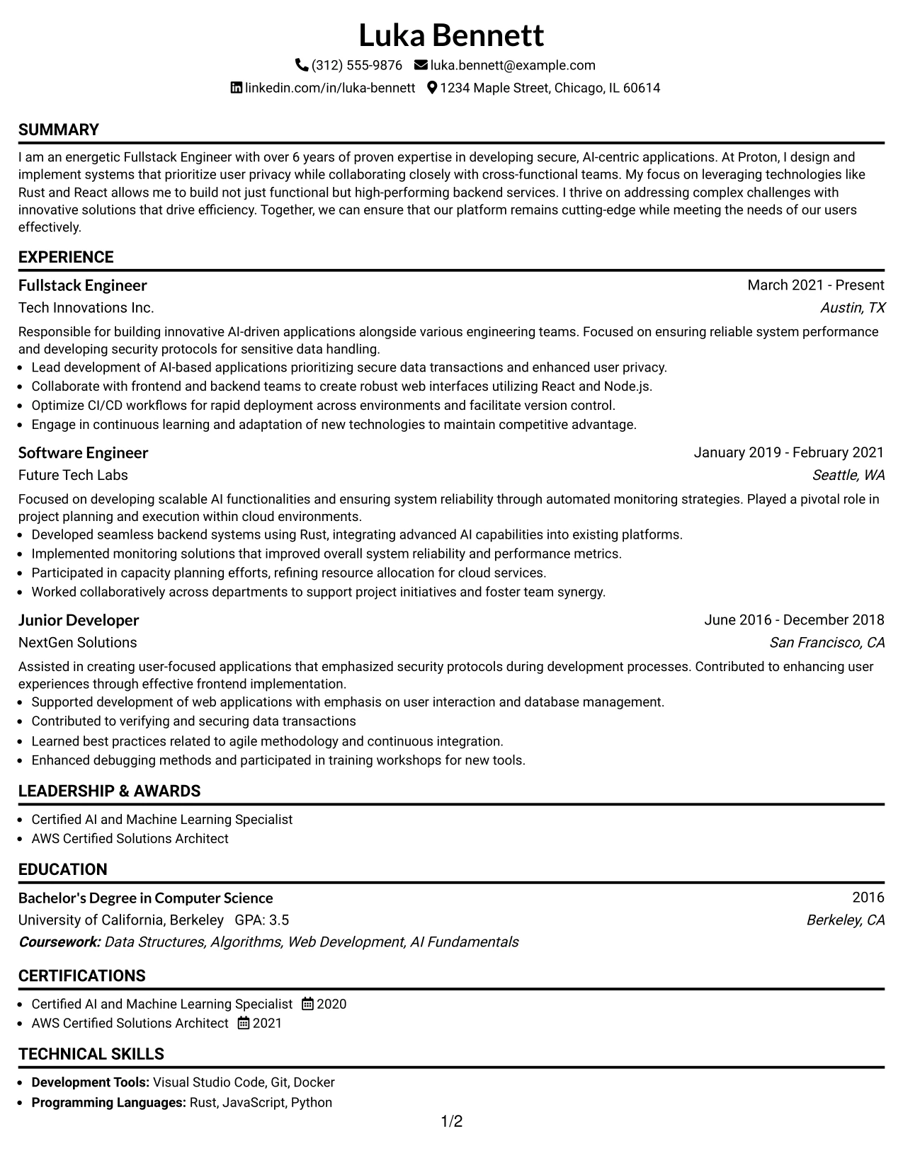 Resume Example Page 1