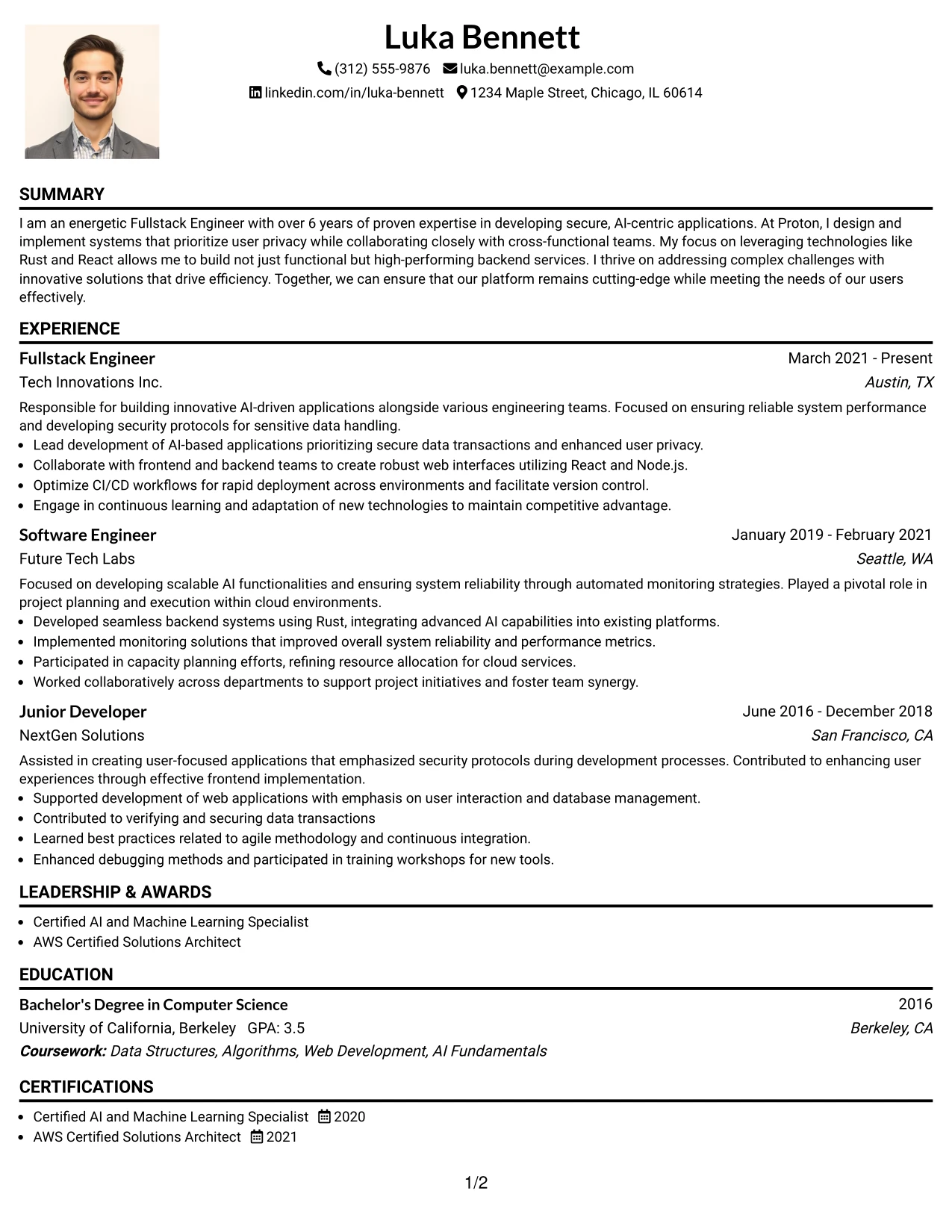 Resume Example Page 1