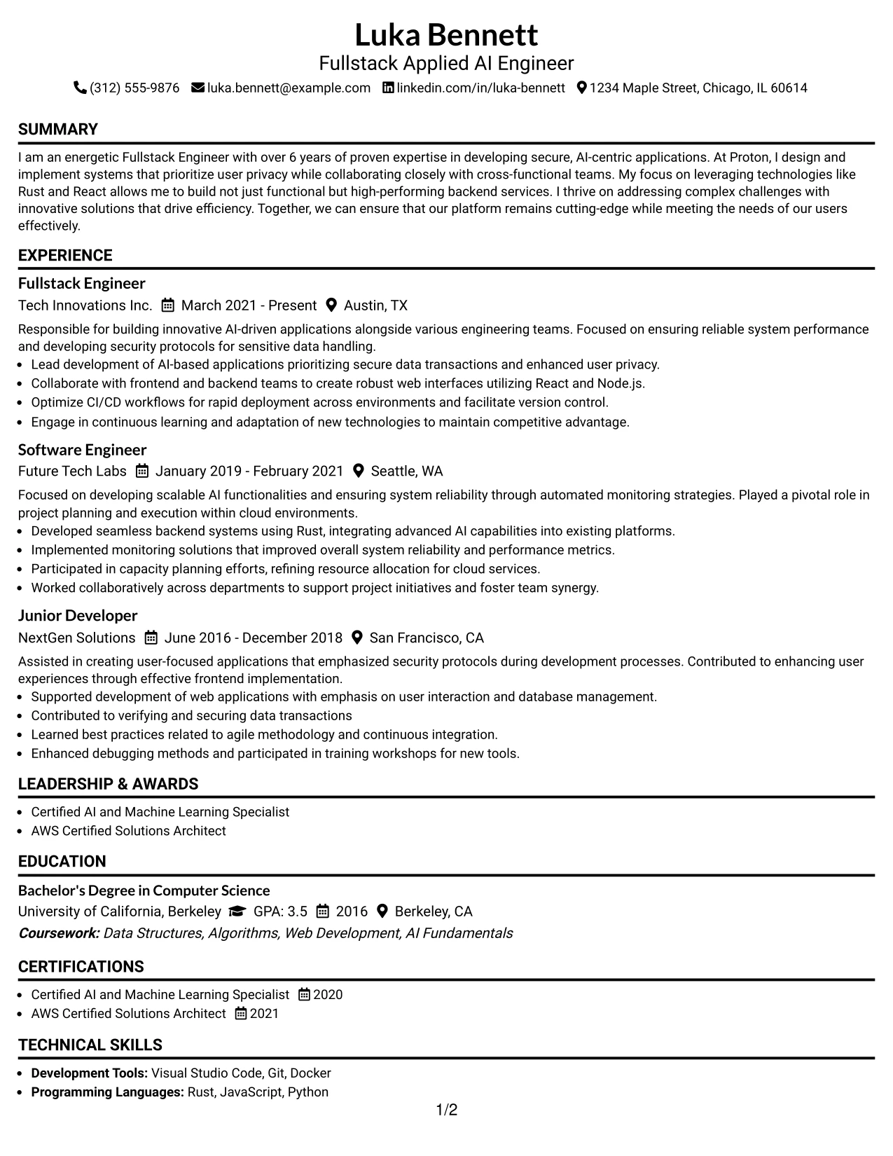 Resume Example Page 1