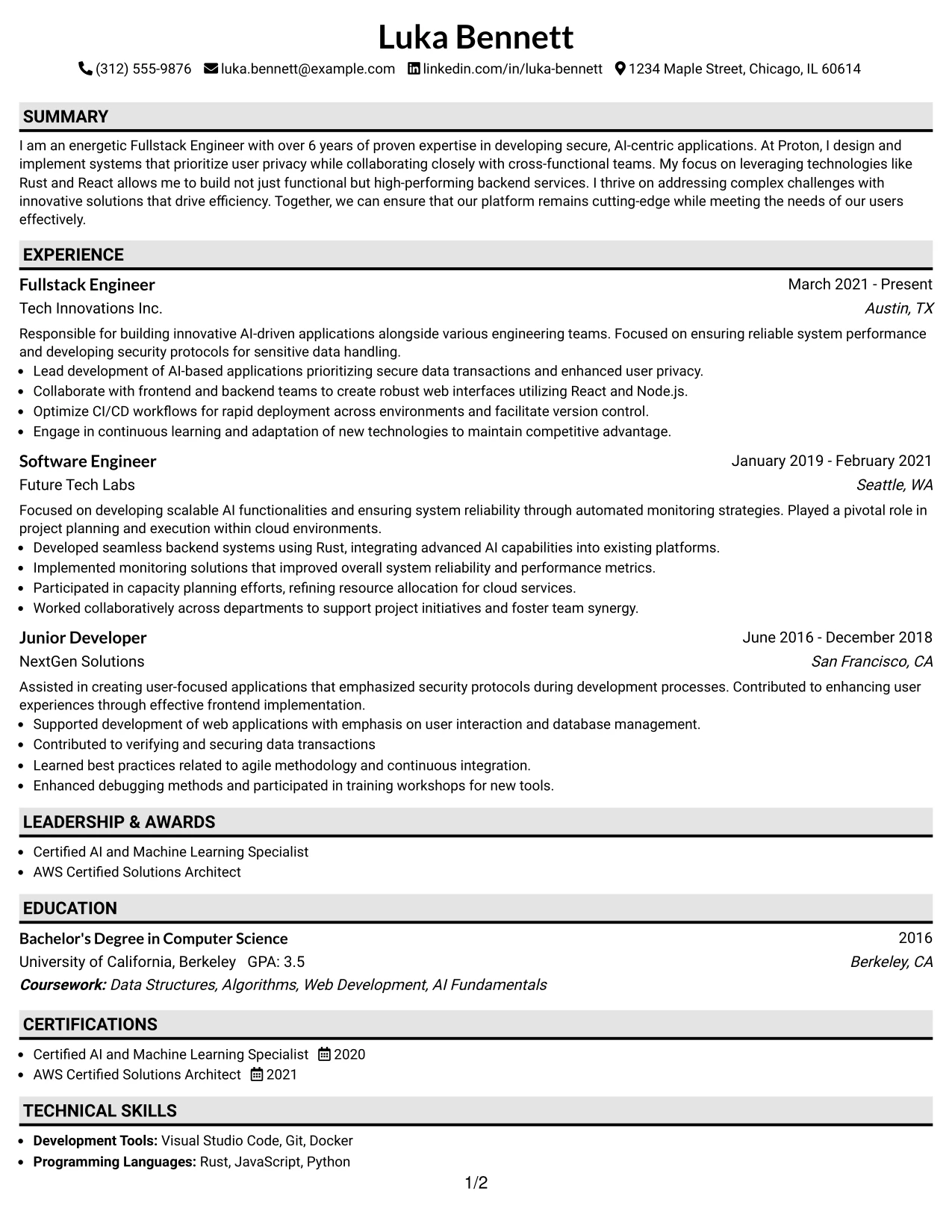 Resume Example Page 1