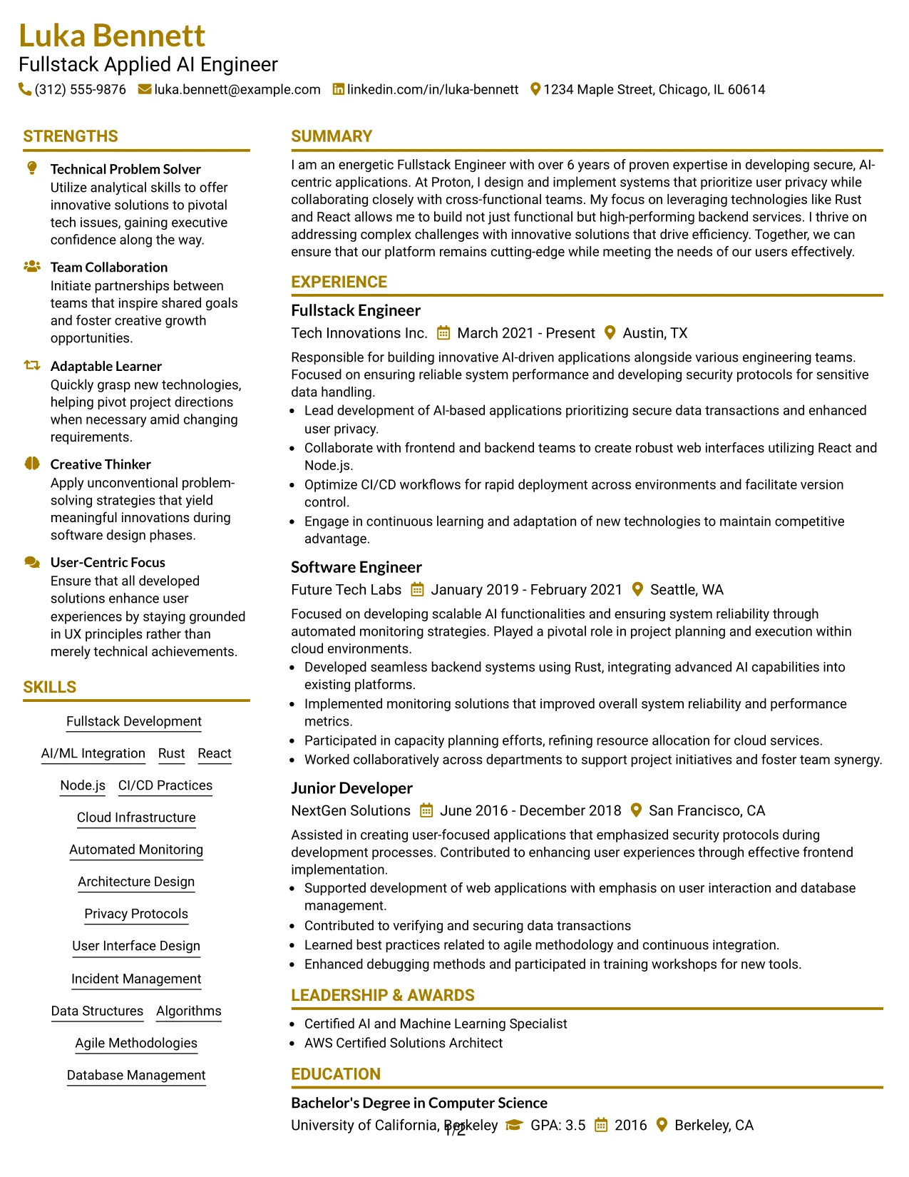 Resume Example Page 1