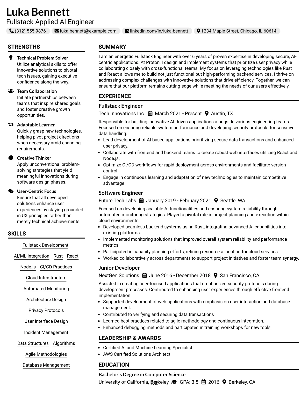 Resume Example Page 1