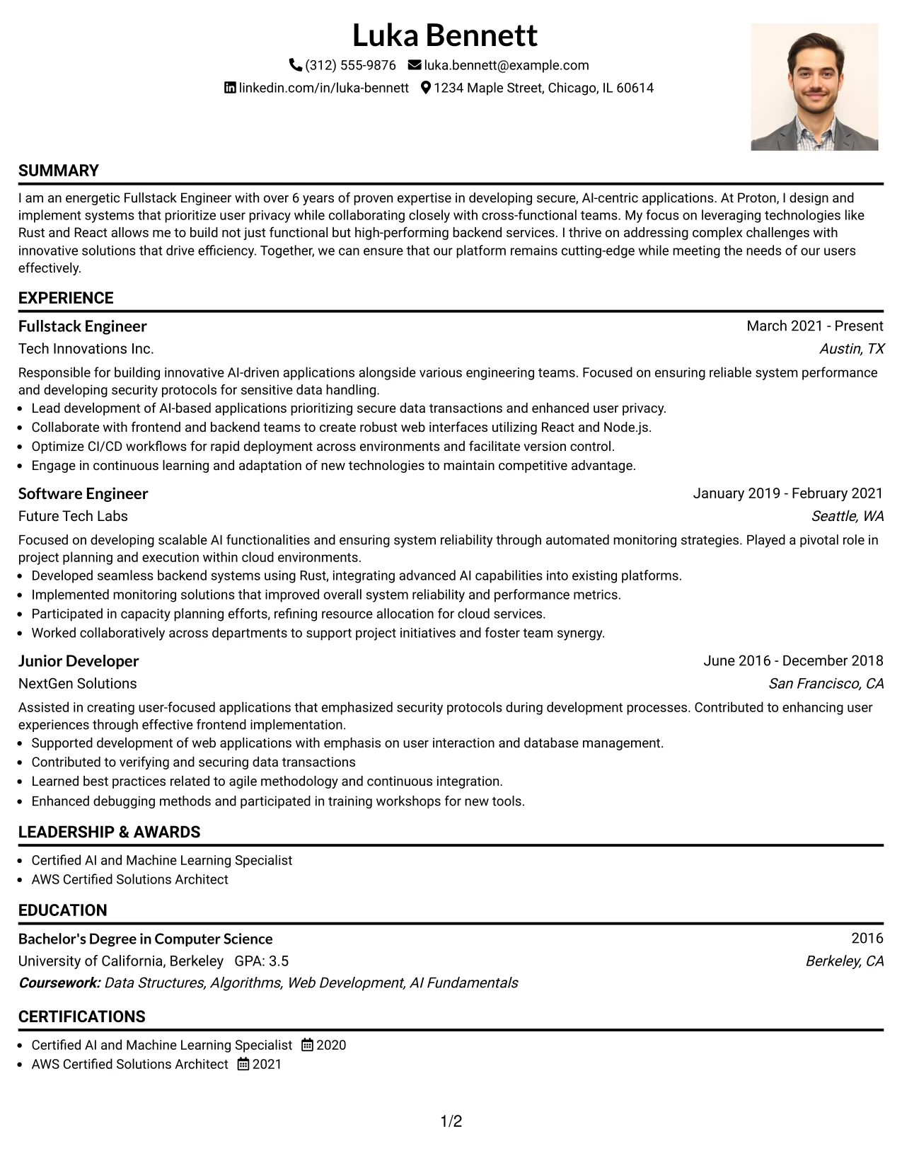 Resume Example Page 1