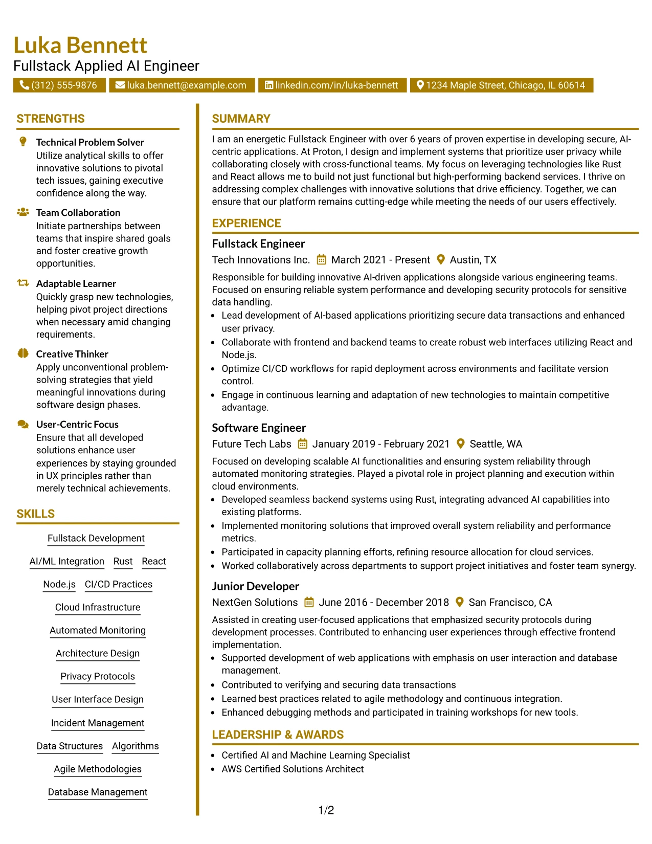 Resume Example Page 1