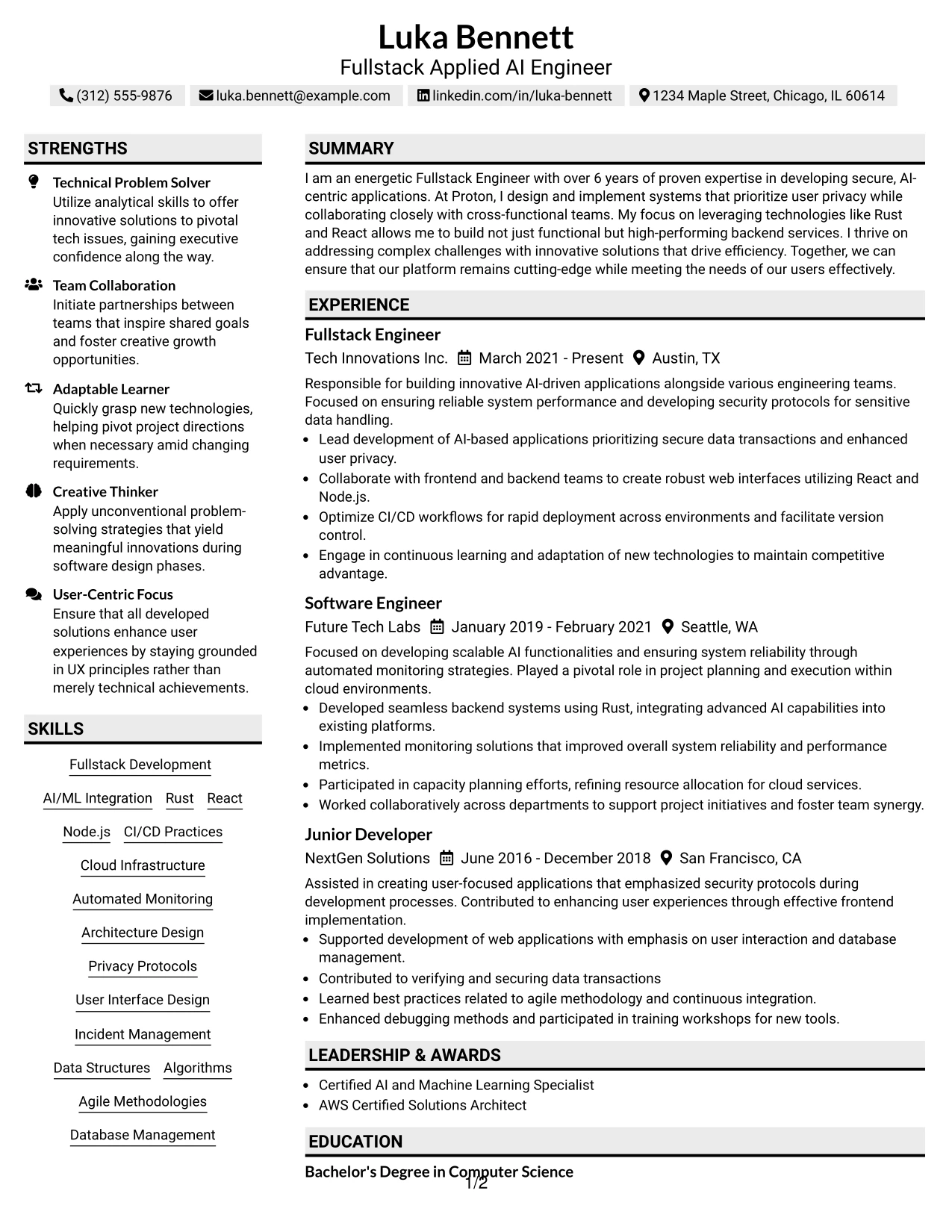 Resume Example Page 1