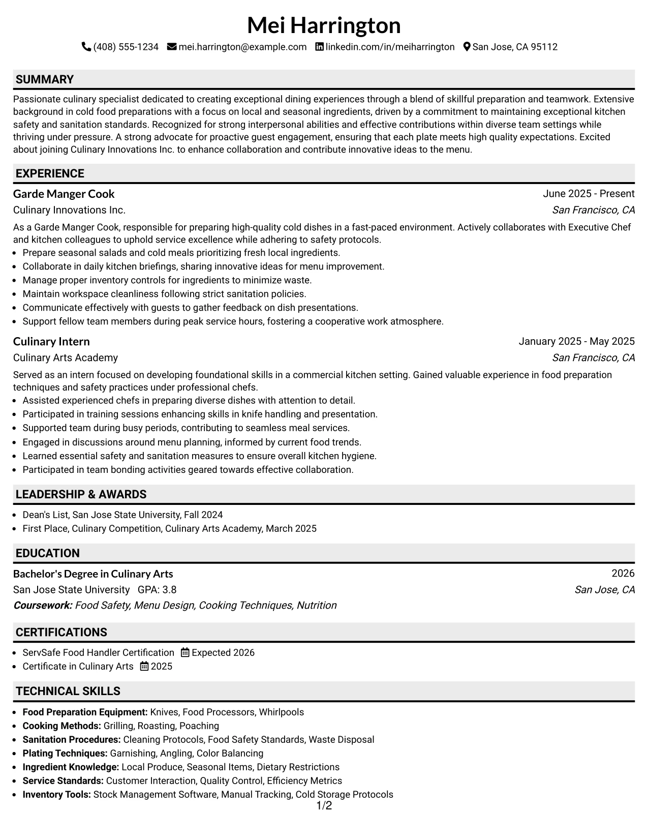 Resume Example Page 1