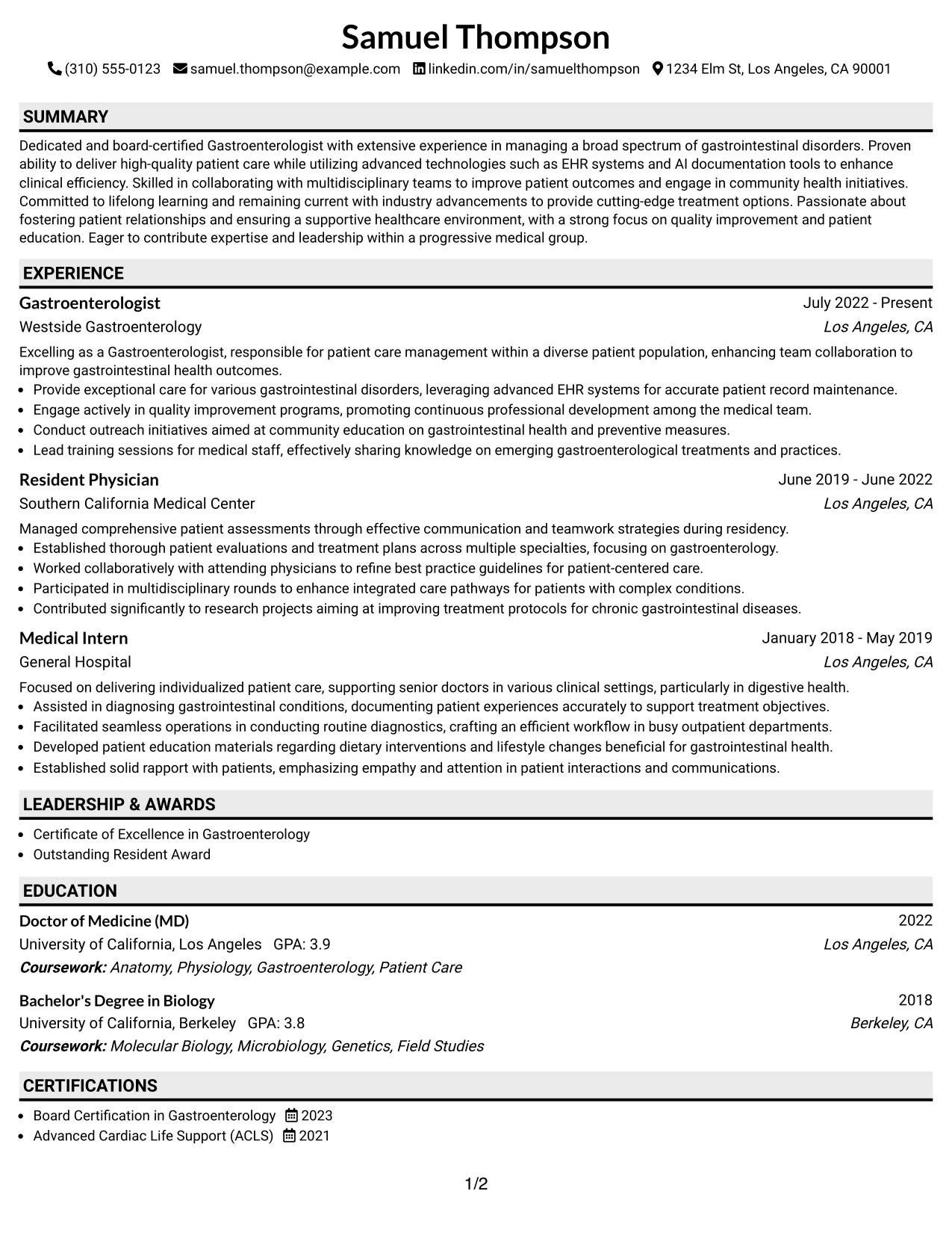 Resume Example Page 1