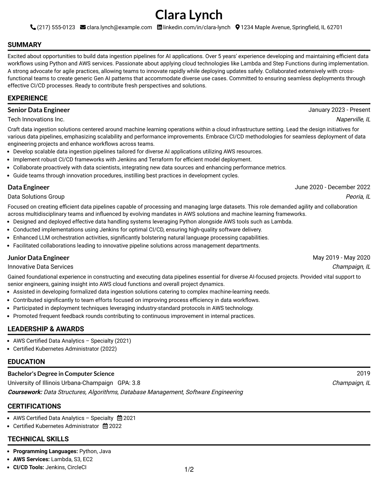 Resume Example Page 1