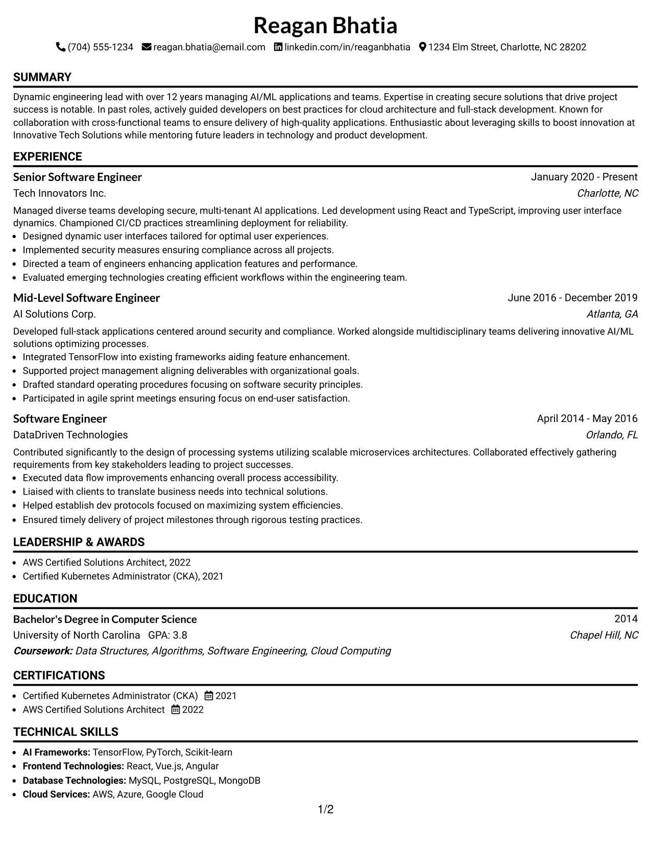 Resume Example Page 1