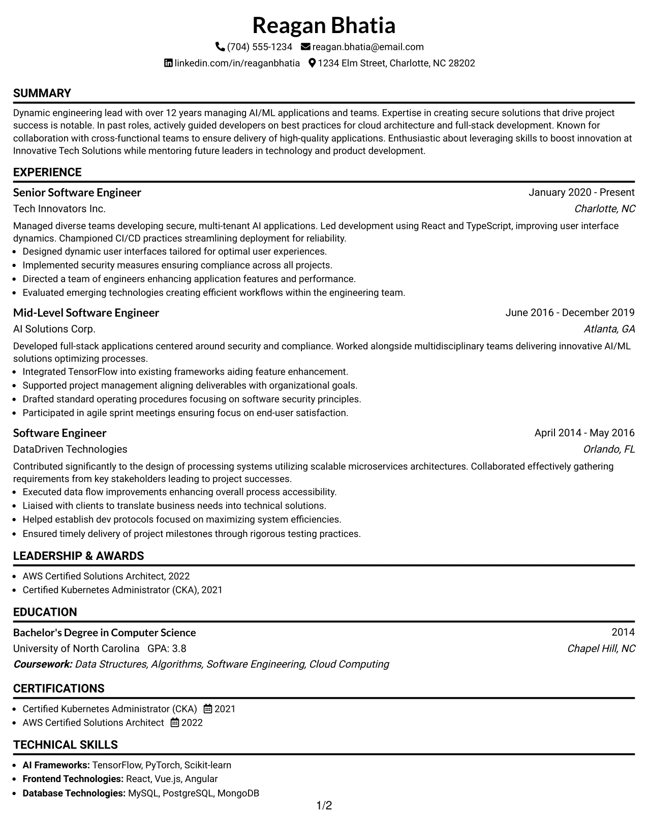Resume Example Page 1