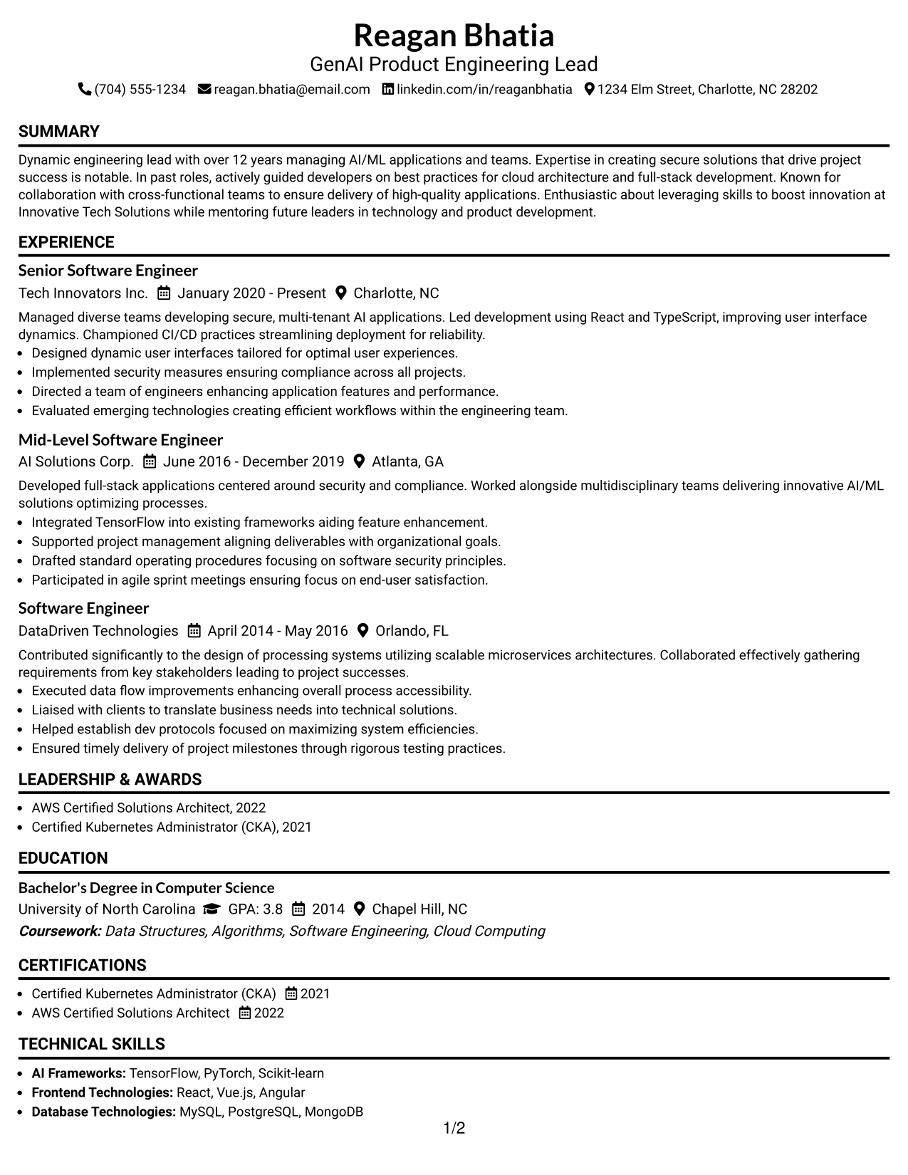 Resume Example Page 1